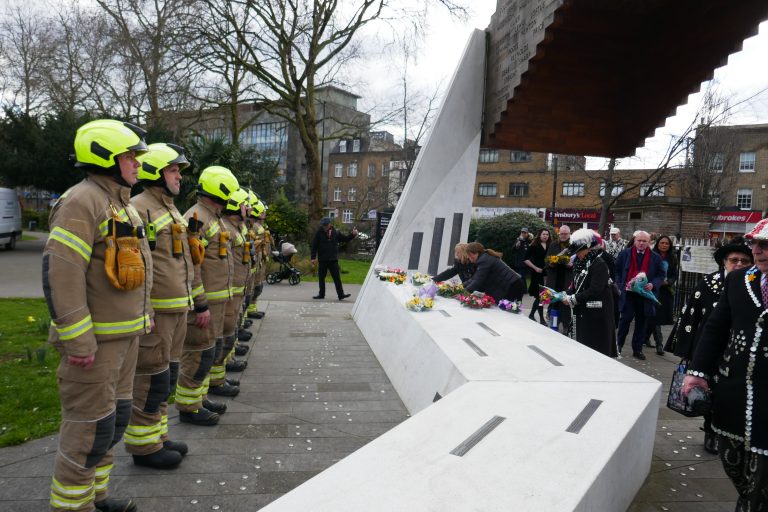 Bethnal Green memorial base, plaques, firemen