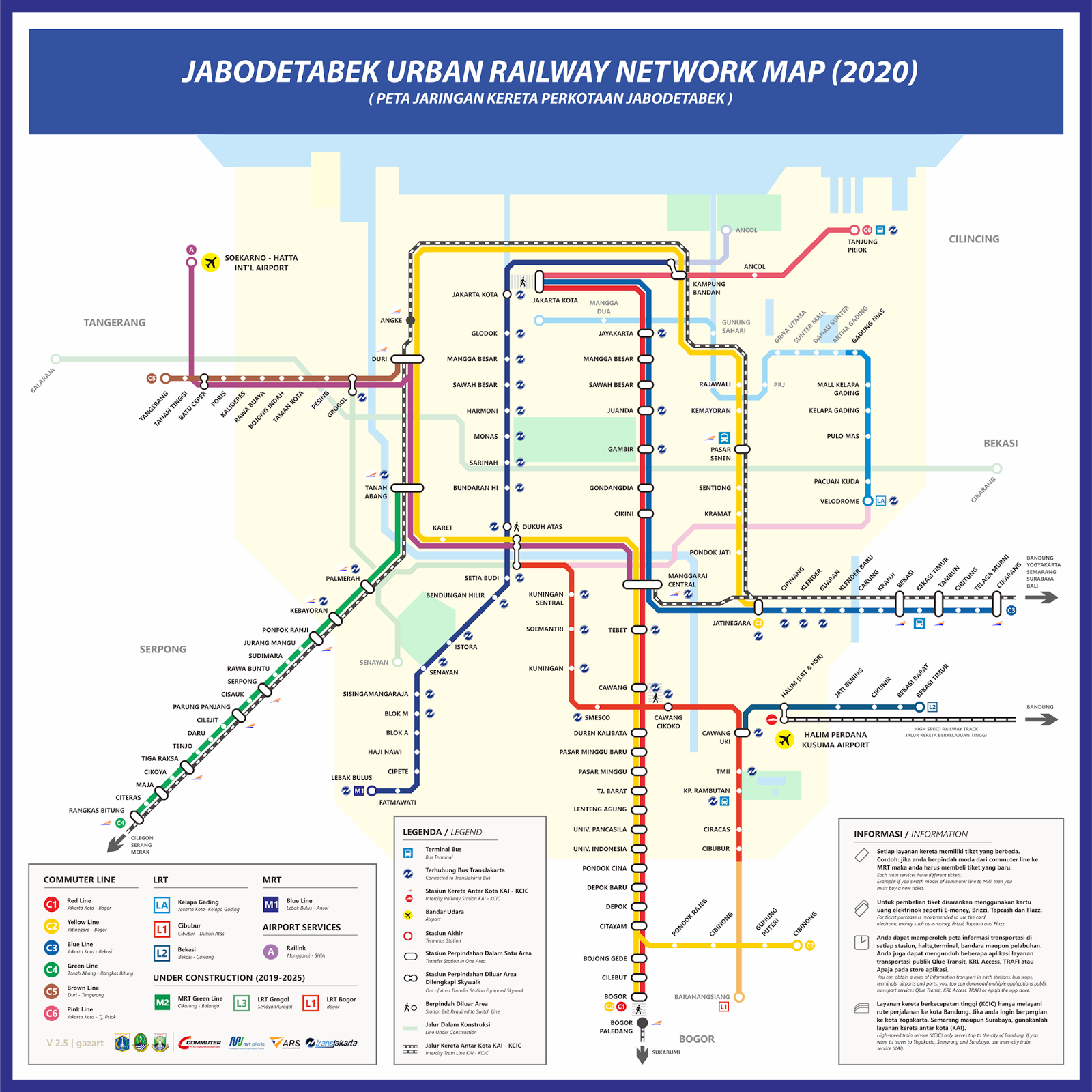 Schematic map of Jakarta Indonesia's rapid transit lines - LRT, commuter rail, & BRT